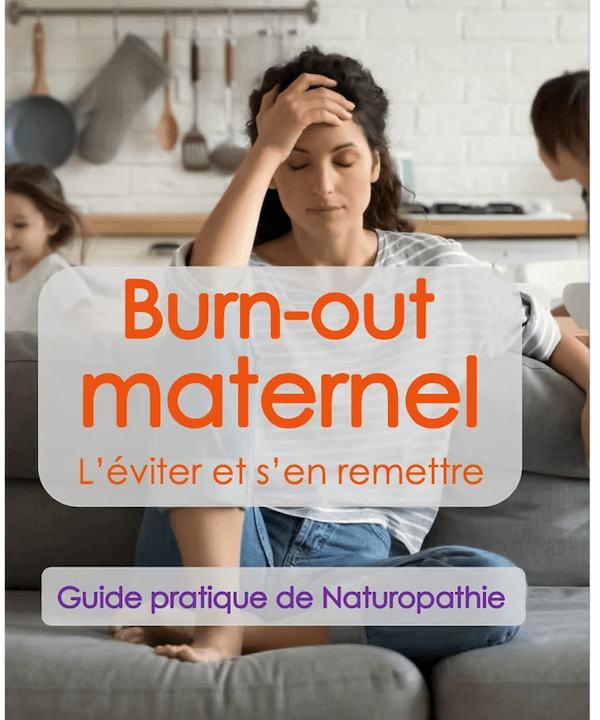 Couverture du livre guide de naturopathie sur le burn-out maternel, avec une femme qui se tient la tête