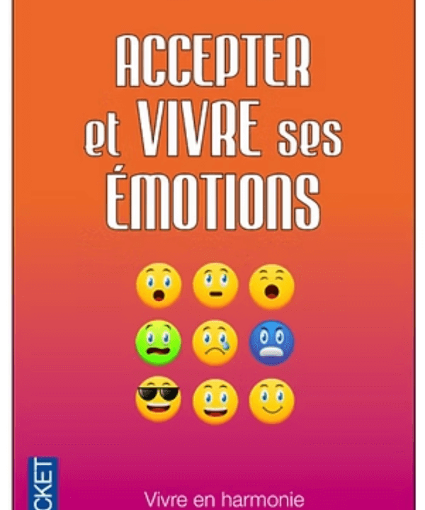 Couverture du livre de Daniel Dufour sur Accepter et vivre ses emotions, avec de nombreux emojis représentants toutes sorte d'émotions.